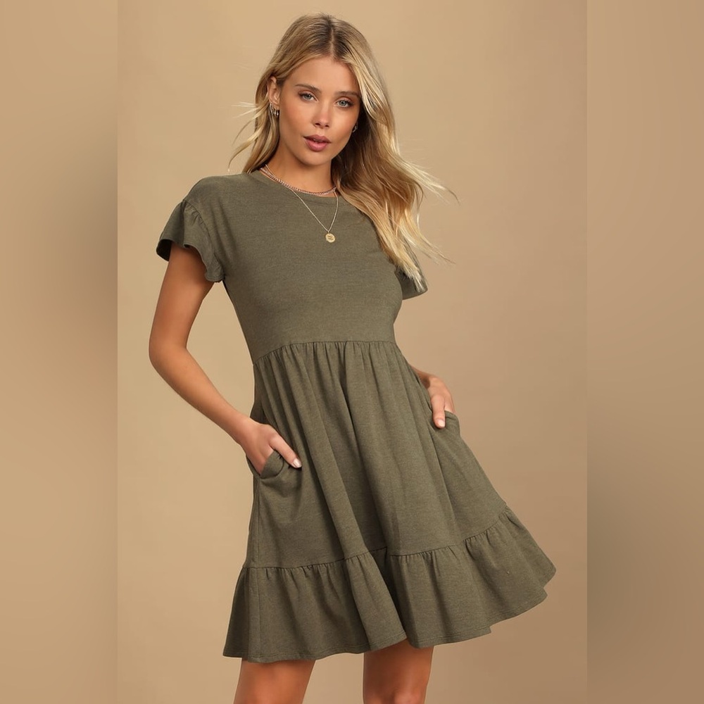 Lulus Sweetest Style Olive Green Tiered Babydoll Dress Small